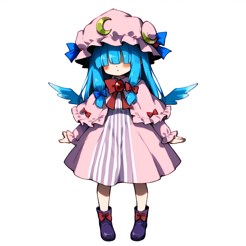 score_9, solo
 <lora:Mahoko:0.8> mahoko, blue hair, wings, hood, hair over eyes, hood up, capelet, gem, purple footwear, blunt bangs, large breasts
 <lora:patchouli-knowledge-cosplay-ponyxl-lora-nochekaiser:0.8> <lora:patchouli-knowledge-cosplay-ponyxl-lora-nochekaiser:1>, patchouliknowledgecosplay, patchouli knowledge \(cosplay\), blue bow, bow, crescent, crescent pin, dress, hair bow, hat, mob cap, pink dress, pink hat, red bow, capelet, long sleeves, frilled sleeves, frilled capelet, striped clothes, striped dress,