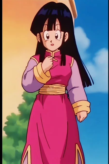 source_anime, score_9, score_8_up, score_7_up, anime screencap, absurdres, official style, chi-chi, (hair down), official alternate costume, 1girl, solo, long hair, open mouth, bangs, black hair, long sleeves, standing, arm by side, hand on own chest, sidelocks, outdoors, sky, day, cloud, hand up, blunt bangs, black eyes, blue sky, chinese clothes, border, pink dress, purple sleeves, purple pants, yellow sash, china dress, straight hair, arm at side, pillar, pillarboxed, eyelashes
 <lora:chichi_pony_v3e20:0.8>
