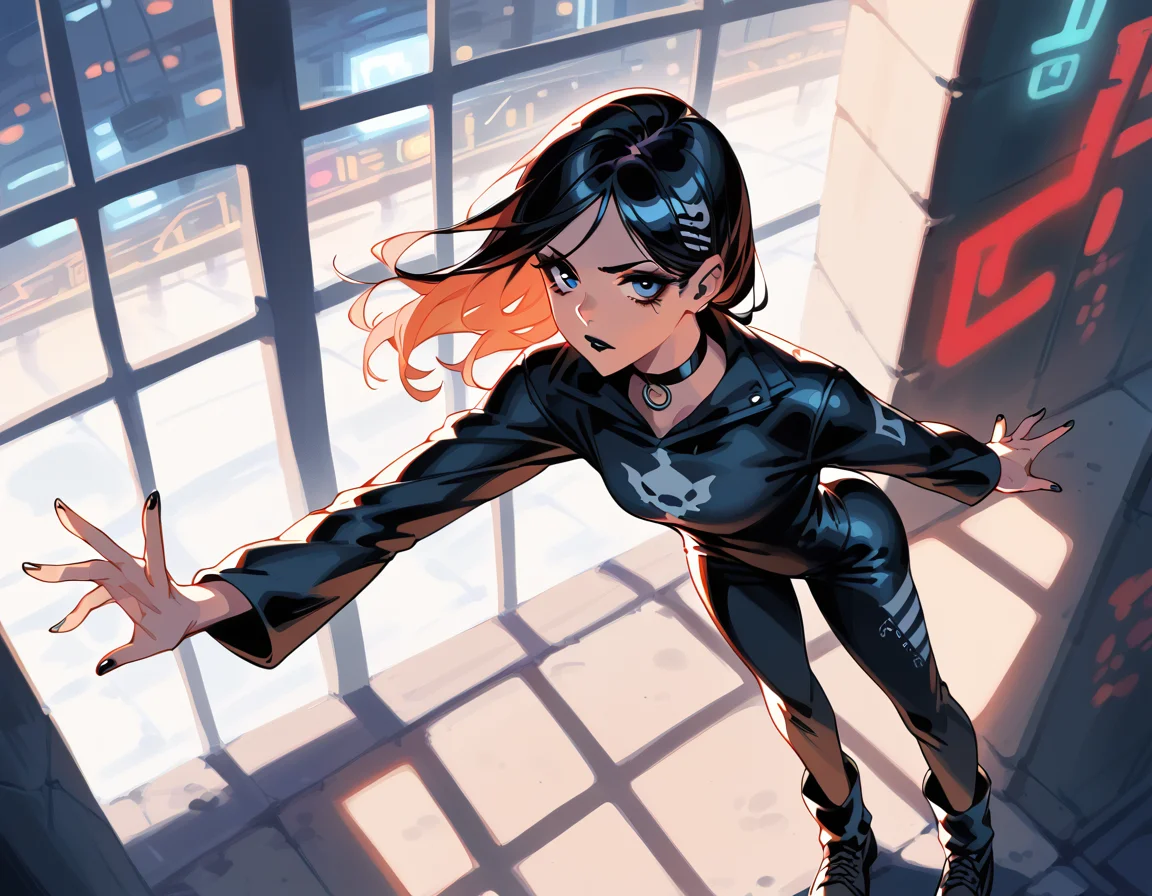 (score_9,score_8_up,score_7_up:1), 1girl, full body, high angle view from behind, horror, (dramatic Lighting, cinematic, neon lighting:1.5), concerned, (goth, (black lipstick, black mascara, black eyeshadow)), (skinny), glowing hair, hightail hairstyle, choker, eyeshadow)), (etherial rough skin), big ass, tight butt, (shooting), dry drug den, (black jumpsuit), <lora:Our Muted Future Pony V2:1> OMFV2