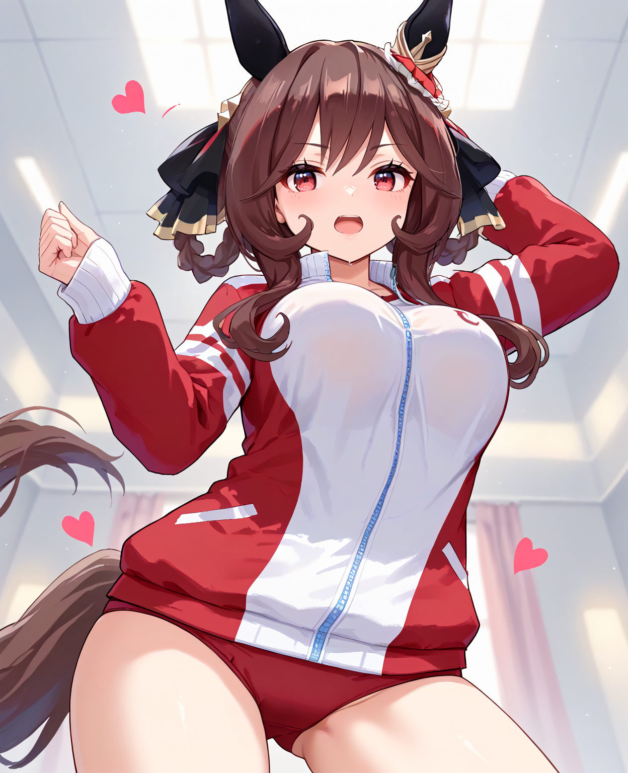 score_9, score_8_up, score_7_up, 1girl, (looking at viewer:1.2), (open mouth:1.0), nervous,, , heart background,, (Dancing in a hip hop style:1.2),, (from below:1.2),
gentildonna \(umamusume\), <lora:pony_gentildonna_v1.01:1>, horse ears, horse tail, breasts, (large breasts:0.7), (brown hair:0.5),
<lora:_sdxl-um-tracenjersey-pony:0.6>, red jacket, track jacket, , tracenjerseyburuma, red buruma,,,