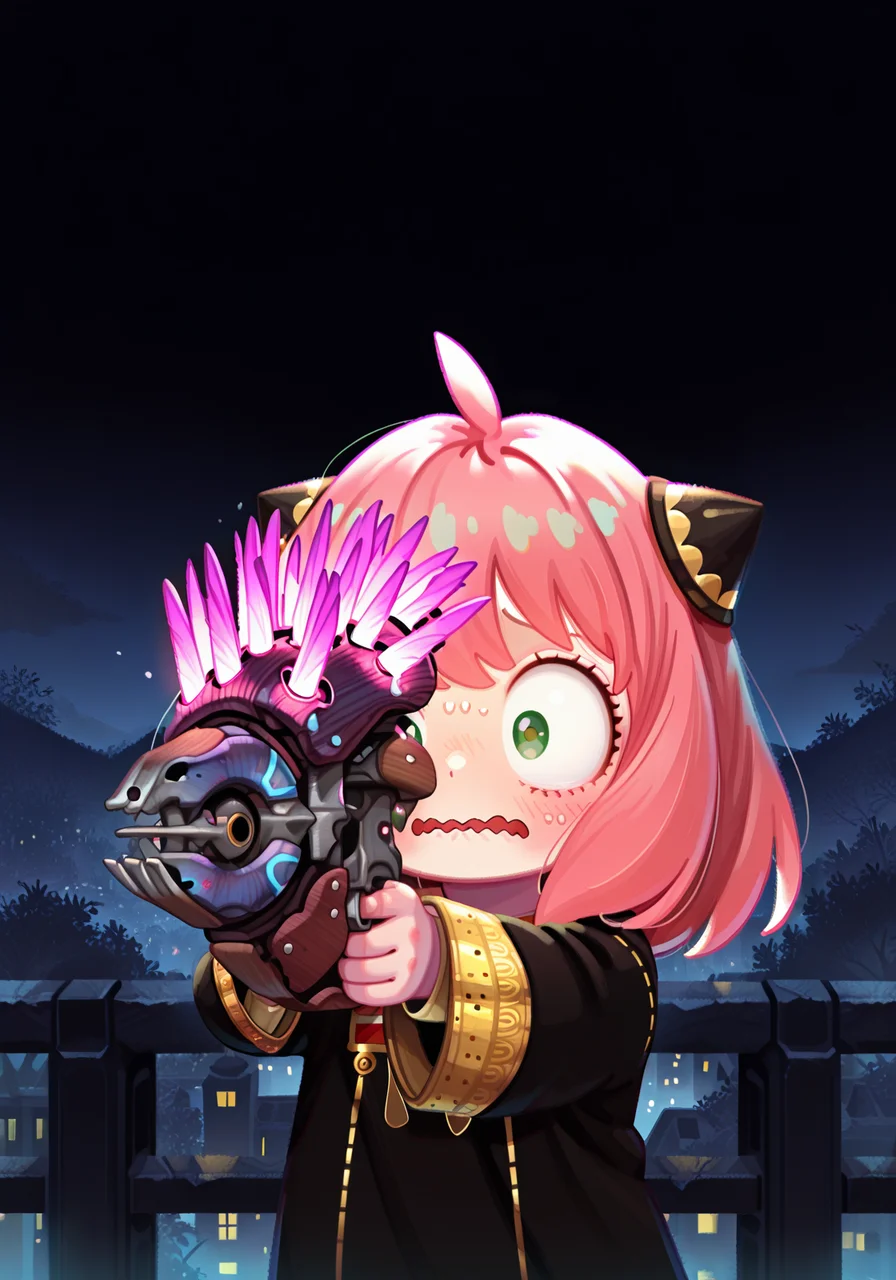 masterpiece, best quality, amazing quality, very aesthetic, absurdres, newest, anya_\(spy x family\), 1girl, needler_\(weapon\), aiming, solo, outdoors, night, nervous, pikaole, wide eyes, wavy mouth,<lora:needler_v2.safetensors:1.0:1.0> <lora:Pikaole_pXL_E2.safetensors:0.75:0.75>