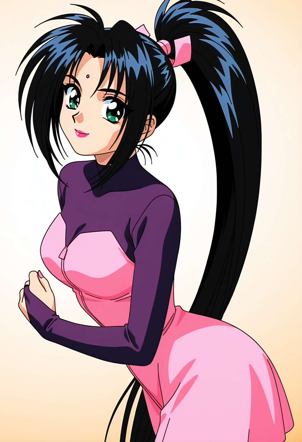 masterpiece, best quality, amazing quality, 1girl, solo, 1990s \(style\), retro_artsryle, anime coloring,
<lora:noburu_lot8ds_v01:0.8>, noburu_lot8ds, black hair, very long hair, high ponytail, parted bangs, red bindi, green eyes, lipstick, breasts,
pink hair ribbon, purple bodysuit, pink dress, pink zipper, bridal gauntlets, posing, (smile:0.7)