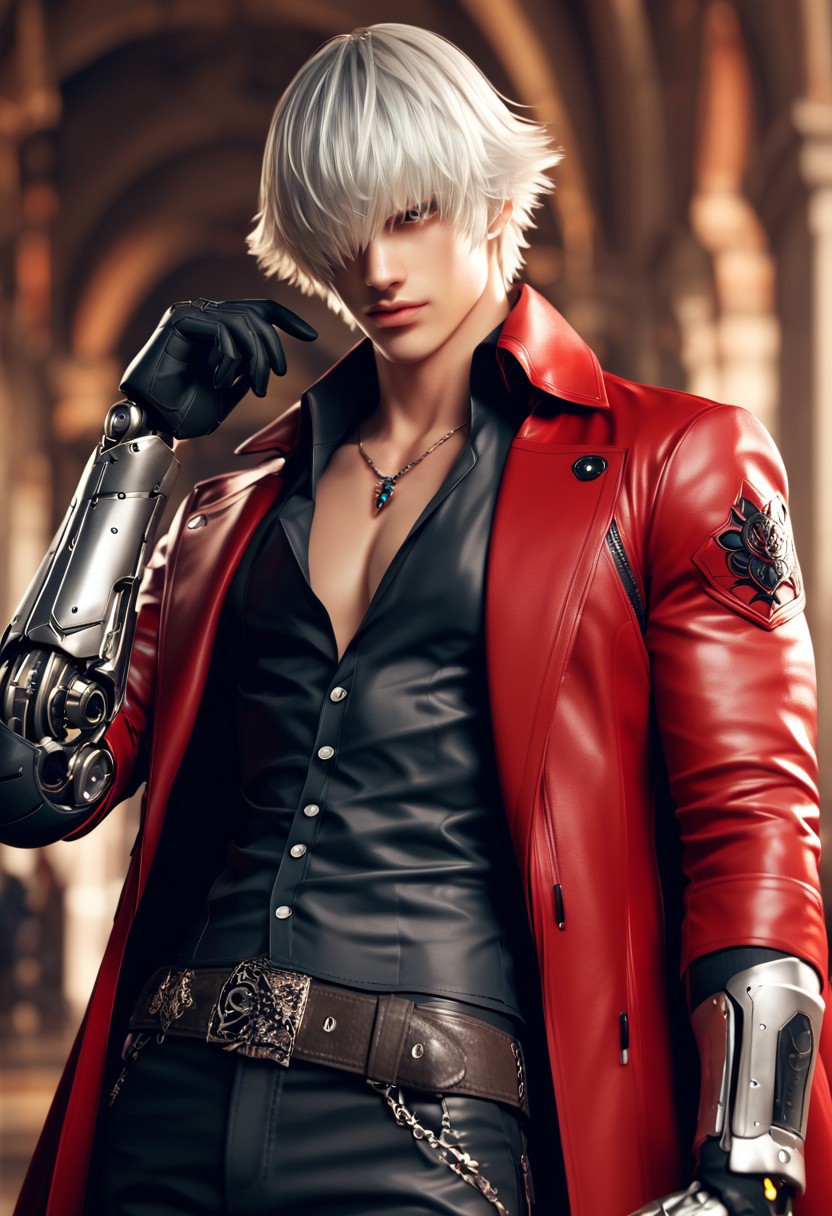 score_9, score_8_up, score_7_up, i want the whole image to be created in 3D anime style, solo, looking at viewer, gloves, 1boy, jewelry, closed mouth, white hair, male focus, open clothes, black gloves, belt, necklace, hair over one eye, blurry, coat, blurry background, letterboxed, open coat, mechanical arms, manly, red coat, single mechanical arm, dante (devil may cry)