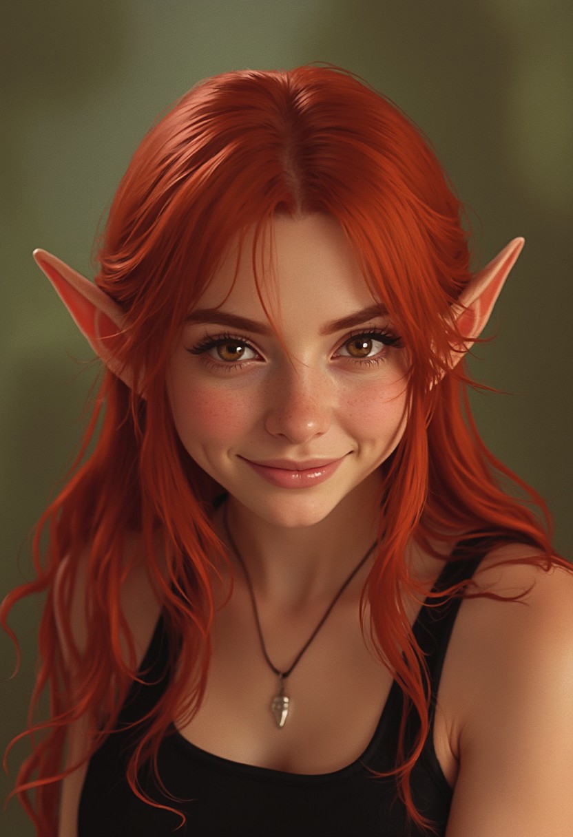 a close-up of a young woman\'s face. She has long, straight red hair that is styled in loose waves and falls over her shoulders. She is wearing a black tank top and has a pair of elf ears on her head. The woman is smiling and looking directly at the camera. The text on the image reads "so quem ja teve uma quedinha pelo Getulio Vargas vai entender"