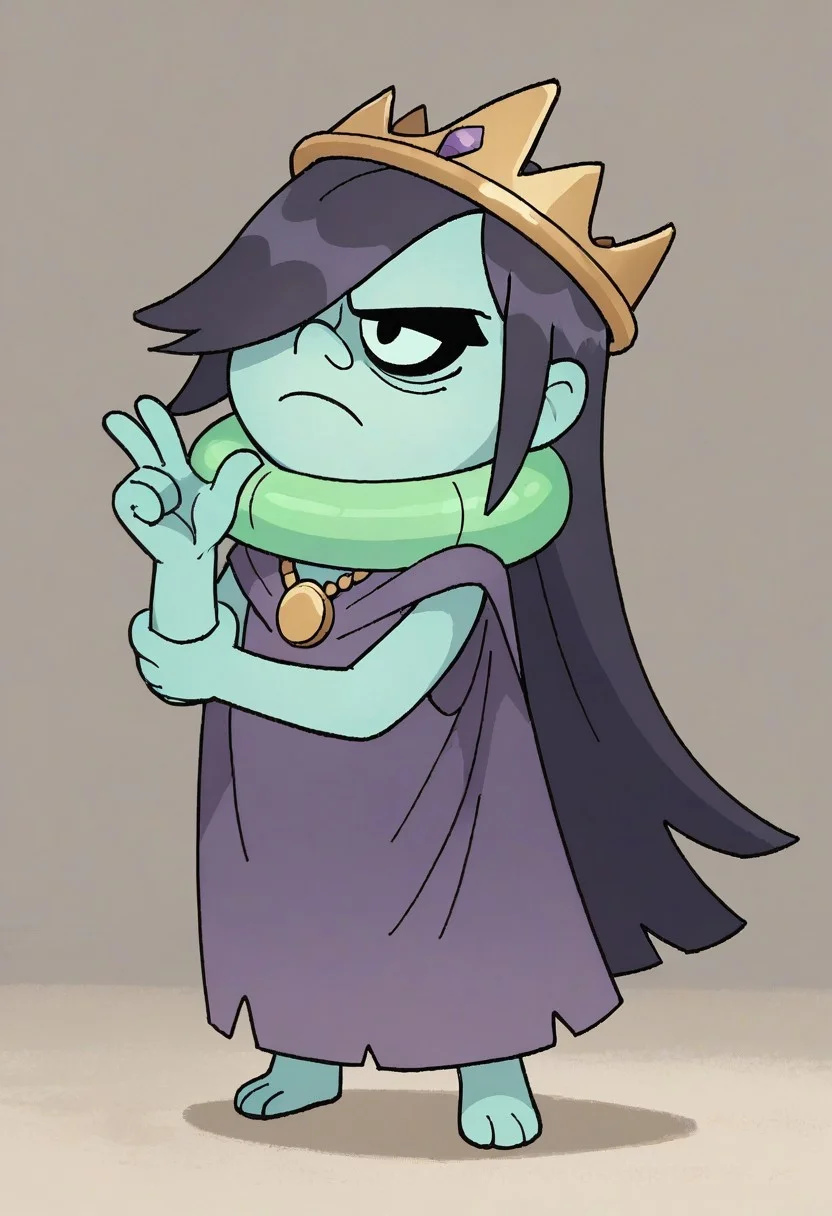 (score_9 | score_8_up | score_7_up)
((masterpiece:1))(best quality,very high quality,ultra detailed:1.2)
(2D,cartoon style,anime style)(Smooth:2)(clean blurring)
(four fingers on each hand,one thumb on each hand:1), wraith, ghost, junk lord, 1boy, solo, long hair, hair over one eye, green inflatable pool toy on neck, gold necklace, metal crown, dark purple cape, blue skin, ghost tail, full body