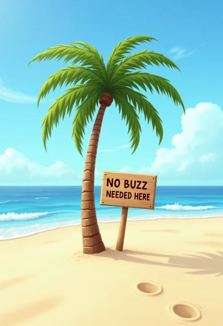A tiny island with a single palm tree, where a wooden sign stuck in the sand reads ‘NO BUZZ NEEDED HERE’ with fresh footprints leading away.