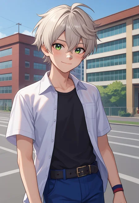 score_9, score_7_up, source_anime,
bennett, 1boy, male focus, solo, green eyes, grey hair, short hair, hair between eyes, bangs, school uniform, shirt, collared shirt, open shirt, open clothes, black shirt, t-shirt, pants, blue pants, belt, wristband,
bandaid, bandaid on nose, upper body, smile, blush, closed mouth,
outdoor, building, contemporary,