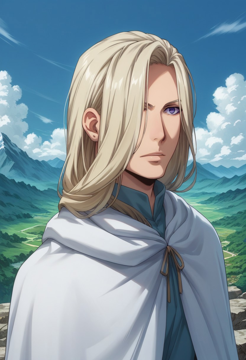 score_9, score_8_up, score_7_up, source_anime, highly detailed, 
narsus, 1boy, male focus, solo, blonde hair, purple eyes, long hair, cape, hair over one eye, upper body, 
outdoor, mountains, sky, clouds,