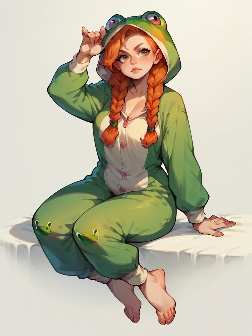 score_9, score_8_up, score_7_up, score_6_up, score_5_up,  1girl, ginger hair, braids,  <lora:f0ggyXLP2:0.7> f0ggy, frog costume, solo, barefoot, curvy, full body,