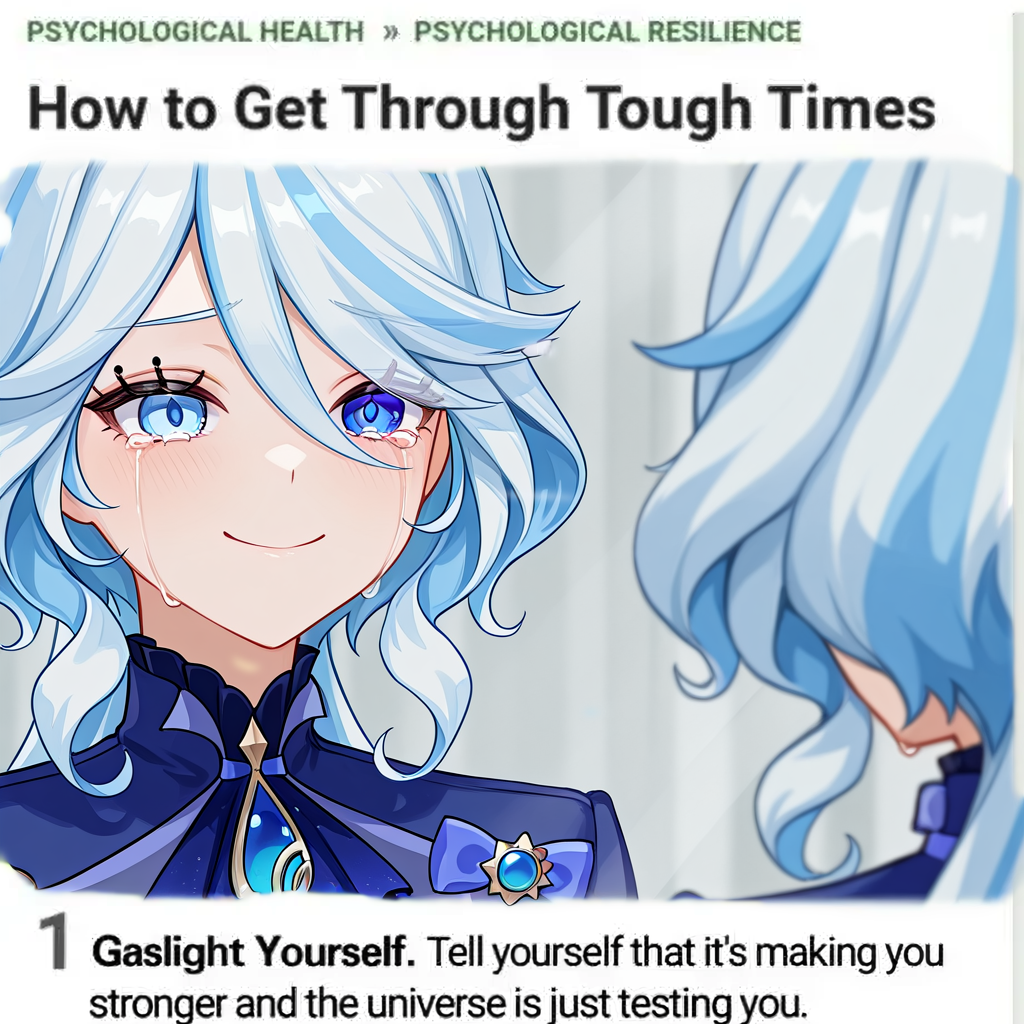 masterpiece, best quality, absurdres, toughtime, 1girl, solo, furina \(genshin impact\), mirror, reflection, upper body, closed mouth, smile, crying with eyes open, <lora:How_to_get_through_tough_time_meme-000007:1>