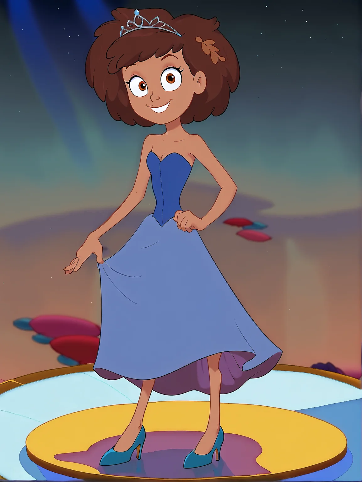 <lora:Amphibas_Anne_Boonchuy:0.7> Anne Boonchuy, 1girl, dynamic angle, twirling, tiara, brown hair, twirling, looking at viewer, smiling, full body, fancy blue dress, ballroom <lora:WesternCartoonClassicDisney100:0.8>