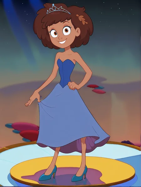 <lora:Amphibas_Anne_Boonchuy:0.7> Anne Boonchuy, 1girl, dynamic angle, twirling, tiara, brown hair, twirling, looking at viewer, smiling, full body, fancy blue dress, ballroom <lora:WesternCartoonClassicDisney100:0.8>