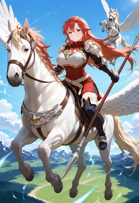 SmoothNoob_Quality,masterpiece,sky,flying,full body,1girl,solo,large breasts,pegasus knight,horseback riding,pegasus,shoulder armor,breastplate,pegasus knight uniform \(fire emblem\),thighhighs,gloves,armored boots,<lora:pegasus knight-NAI:1>,holding polearm,<lora:NOOB_vp1_detailer_by_volnovik_v1:1>,grin,