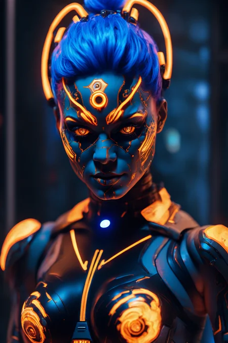 cyborg style, 1girl with blacklight makeup, solo, orange eyes, blue hair, science fiction, breasts , realistic, smoke, volumetric lighting, film grain , depth of field, 8k , ultra HD, high quality, high resolution