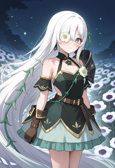 highres, best quality, masterpiece, night, outdoors, floral background, light particles,
1girl, solo, pcranmn, absurdly long hair, multicolored hair, white hair, hair over one eye, flower over eye, aqua eyes, hair vines,
panmndef, black earrings, two-tone dress, black dress, green dress, gold trim, sleeveless dress, bare shoulders, shoulder strap, plant strap, plant, detached sleeves, shoulder armor, single pauldron, flower, brown gloves, belt, green skirt, frilled skirt, side cutout,
blush, sideways glance, looking at viewer,
arms at sides, legs together,
anemone \(flower\), lily \(flower\),
<lora:_anemone_pcr-elesico-ilxlB:1>