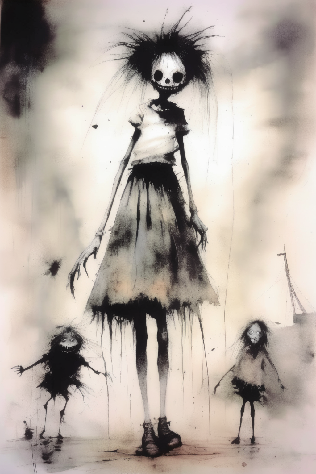 <lora:Stephen Gammell Style:1>Stephen Gammell Style - Skirt day in the style of stephen gammell and Ralph steadman