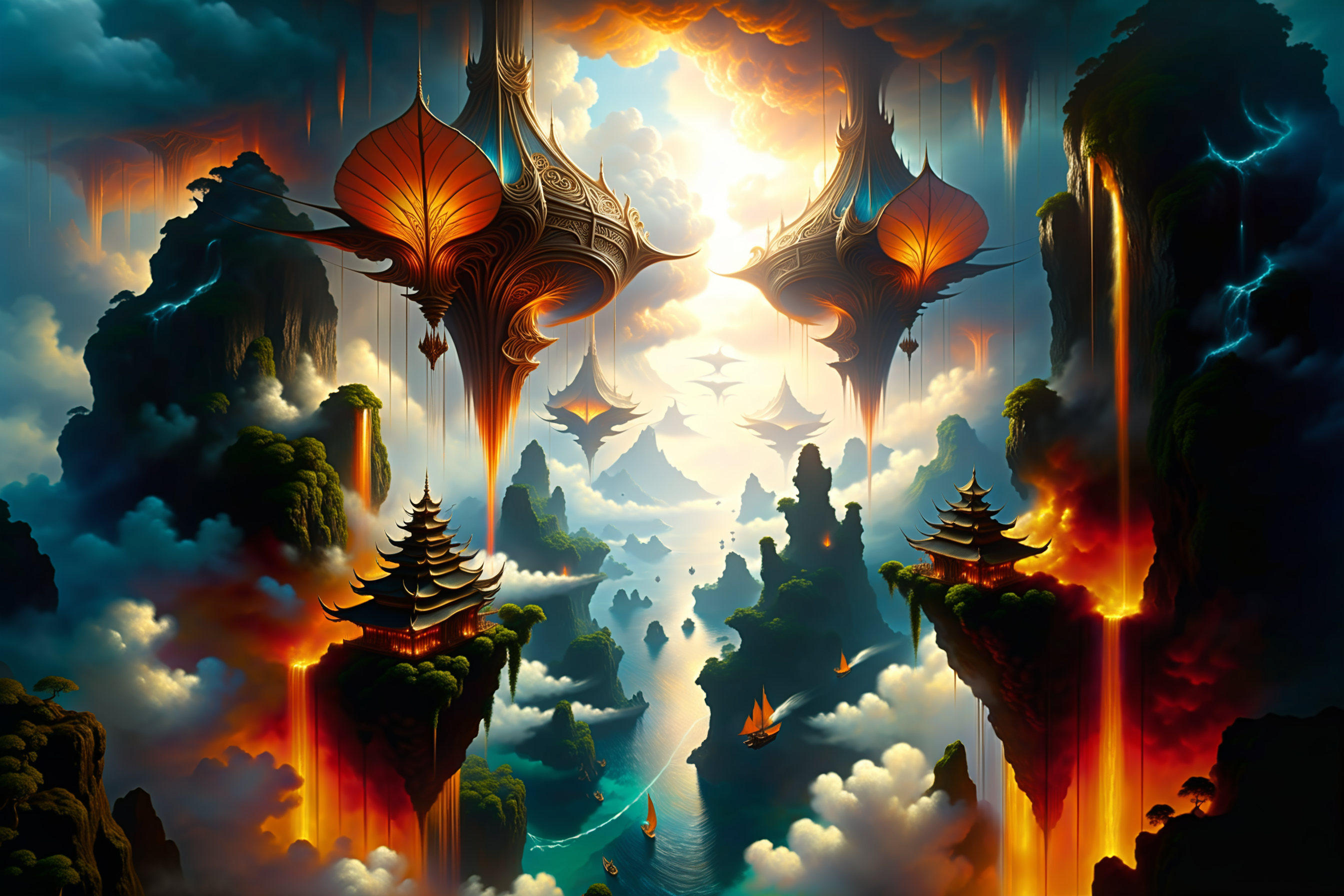 famous artwork inspired by (ori and the blind forest:1.3) and (jae cheol park:1.2) and (tomasz alen kopera:1.3) and (agostino arrivabene:1.2), oil on canvas, a (fleet of ornate wondrous skyships:1.1) sailing through the atmosphere of a strange distant planet, navigating between (towering cloud formations:1.1) and (floating islands:1.1), there are airships of ancient design with billowing sails as well as futuristic skyships with advanced propulsion systems, some airships are flying in formation, some airships' engines are leaving (trails of light:1.3), the floating islands are (covered in lush exotic vegetation:1.1), narrow waterfall, a volcano in the distance, (lava:0.7), (dappled lighting:1.2), volumetric lighting, volumetric fog, dramatic sky, ovg, overall_detail-xl-by_kaleidia <lora:add-detail-xl:2.0> <lora:midjourney_mimic-xl-by_andrexsel:0.5> <lora:more_artful-xl:0.5> <lora:lyco-style-envydramaticlightingxl01_digital_art-xl:0.6> <lora:envybetterhiresfixxl01-xl:0.0:hr=1.0>