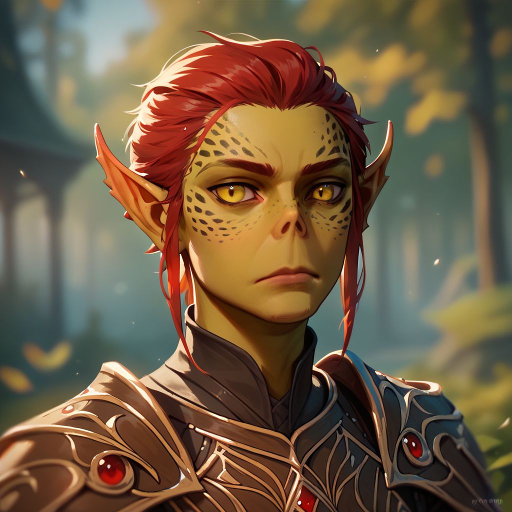 (((beautiful, high quality))), upper body, score_9, score_8_up, score_7_up, solo,
Gith, pointed ears, spots on skin, flat nose, 1boy, male focus, yellow eyes, red hair, freckles, armor,
Outdoor, fantasy background, nature, blurred background,
