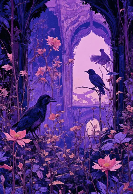 A mesmerizing illustration of intricate floral patterns in shades of amethyst and sapphire, gracefully intertwining with slender leaves and the silhouettes of perched birds. The background transitions from a deep navy to a gentle lavender hue, evoking an atmosphere of mystique and enchantment. The delicate balance of light and shadow creates a sense of wonder and curiosity, inviting the viewer to explore the hidden depths of this magical world. <lora:FLUX-daubrez-DB4RZ:0.83> DB4RZ, DB4RZ style painting, <lora:ILLUSTRATION_2_FLUX v2:0.53> <lora:Fantastic Realism - s0_8 g4:0.43> f4nt4st1c,