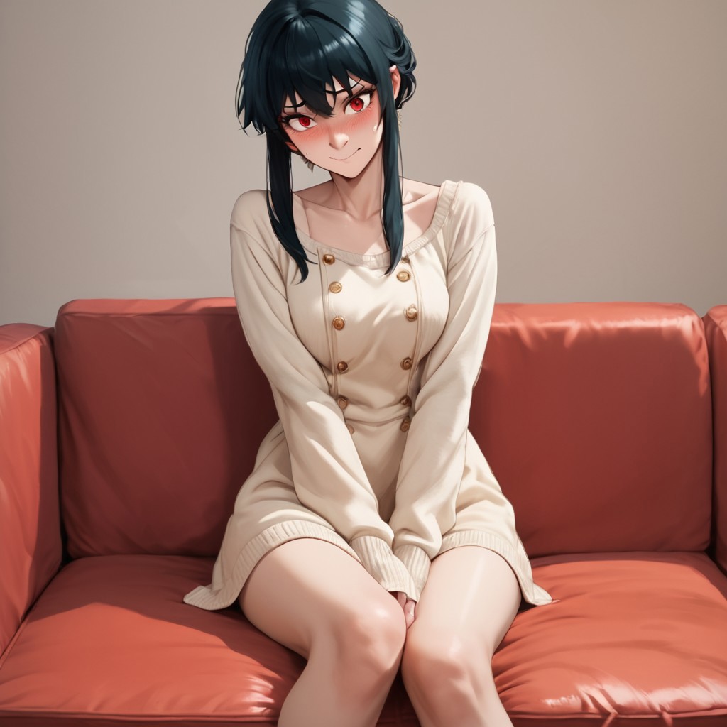 score_9, score_8_up, score_7_up, score_6_up, score_5_up, score_4_up, rating_questionable, Yor, black hair, red eyes, sitting on a couch, embarrassed smile
