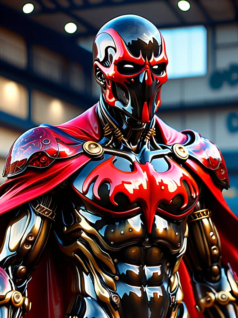 a photograph of spawn,balanced composition,made of black goo,(weathered patina:1.2),black costume,animated red cape made of ral-varnish on chest,chains,moody lighting,cinematic,complex robot,biomechanical,hyper detailed <lora:ral-varnish:1>