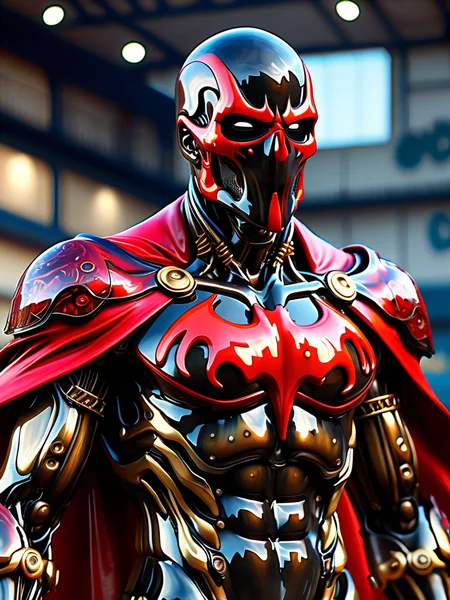 a photograph of spawn,balanced composition,made of black goo,(weathered patina:1.2),black costume,animated red cape made of ral-varnish on chest,chains,moody lighting,cinematic,complex robot,biomechanical,hyper detailed <lora:ral-varnish:1>