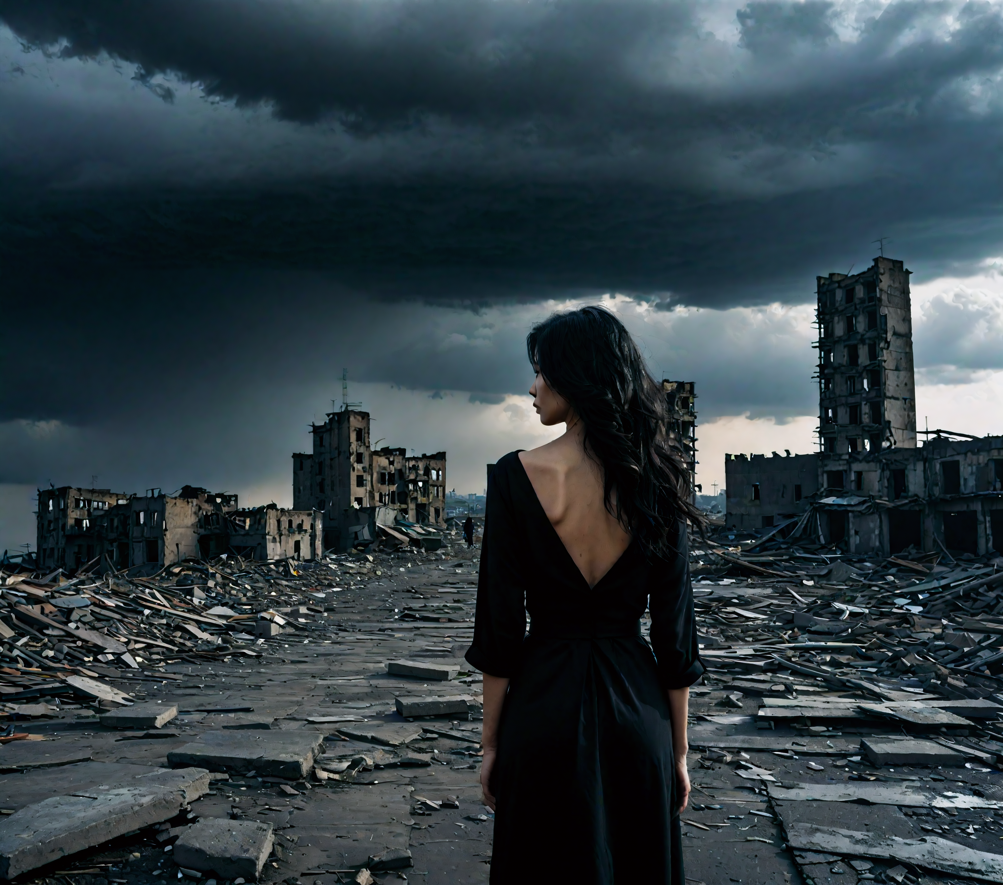 elegant black hair, torn cityscape, hadanugi dousa, hands behind body, stormy weather, ominous lighting, desolate landscape, black elegant hair, decaying buildings, a tumultuous storm looms over the horizon casting ominous shadows across this desolate scene, the composition conveys both isolation and resilience against a backdrop of decaying structures