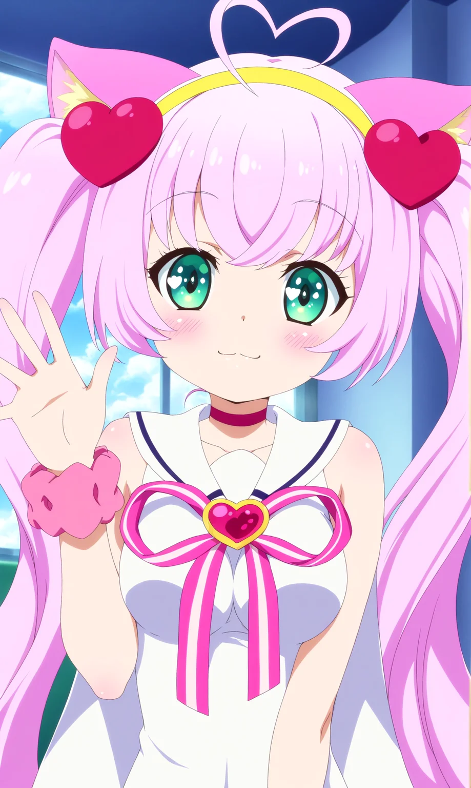 masterpiece, best qualify, beautiful eyes, zzRosia, 1girl, animal ears, solo, cat ears, long hair, pink hair, heart, twintails, ahoge, green eyes, breasts, smile, blush, looking at viewer, heart ahoge, hair ornament, yellow hairband, upper body, scrunchie, :3, hairband, waving, dress, wrist scrunchie, medium breasts, white dress, sleeveless, window, choker, sky, very long hair, indoors
