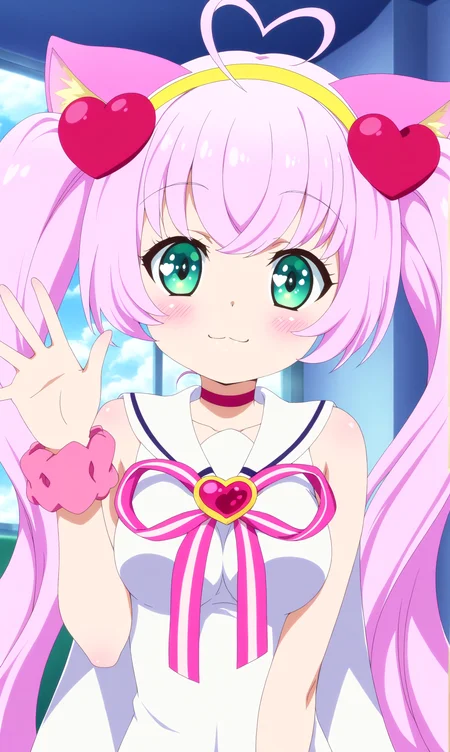 masterpiece, best qualify, beautiful eyes, zzRosia, 1girl, animal ears, solo, cat ears, long hair, pink hair, heart, twintails, ahoge, green eyes, breasts, smile, blush, looking at viewer, heart ahoge, hair ornament, yellow hairband, upper body, scrunchie, :3, hairband, waving, dress, wrist scrunchie, medium breasts, white dress, sleeveless, window, choker, sky, very long hair, indoors