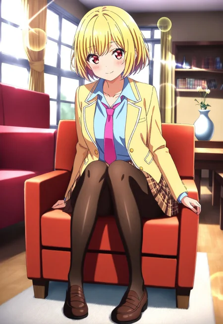 masterpiece, best quality,amazing quality,(1girl), solo,(depth of field),(solo focus),8K,HDR,(ultra high res),(highres),(full body),(lens flare),smile,blush,(karin istel),bangs,(blonde hair),(short hair),(red eyes),(collarbone),skindentation,(school uniform),(yellow jacket),(open jacket),(blazer),(pink necktie),(collared shirt),(blue shirt),(long sleeves),(brown skirt),(pleated skirt),(plaid skirt).(black pantyhose),(brown footwear),(loafers),(sitting on chair),(indoors),(looking at viewer),(room),(curtain),(table),(couch),(carpet),(shelf),(vase),(window),karin istel
