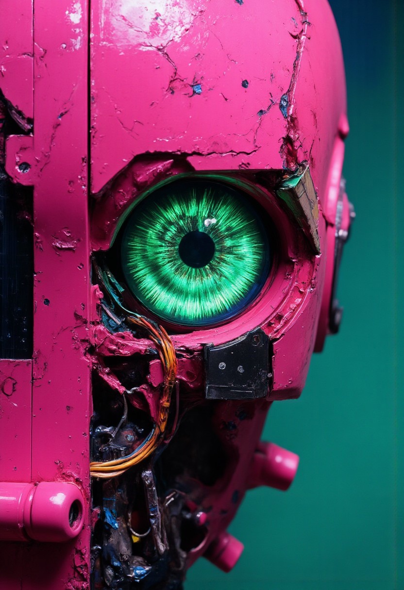 Capture an extreme close-up of a Formicapunk-inspired cyborg’s left eye, encased in glossy, colorful plastic with blocky geometric accents. The eye itself glows with a faint green CRT-like hue, pixelated patterns scrolling across its surface like a retro computer screen. Surrounding the eye are sleek, angular panels with faint scratches and wear, reminiscent of 70s and 80s industrial design. Hints of exposed wiring in bright primary colors peek through the seams, evoking a tactile, analog futurism. The background is a gradient of neon pink and teal, softly blurred, with glowing gridlines faintly visible, creating a retro-futuristic atmosphere steeped in nostalgia.