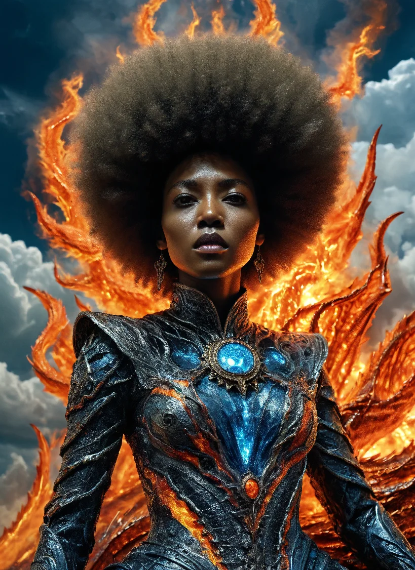 photo art Wonderful, intricate, (colorful, Afrofuturism art, black woman with the soul ethereal dragon spirit), black woman, large round afro, dark skin, large breasts, cleavage, tight short dress, ((dragon inspired clothes and jewelry with high details, blue and white and red and orange iridescent colors)), bright colors, fire and ice, clouds and flames, alchemist, alt_style, cinematic, 35mm film, 35mm photography, film, photo realism, DSLR, 8k uhd, hdr, ultra-detailed, high quality, high contrast, Orthogonal Side View, medium-shot, intricately detailed shoes, eyes open, dragon roaring, woman screaming<lora:detailed_notrigger> <lora:Pony_DetailV1.0> <lora:PonyLargeRoundAfro> <lora:Black_Woman_v3_e6>