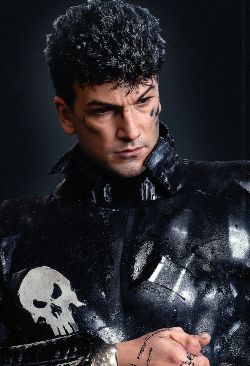 high angle camera view from above and at a distance, realism, perfection style, bosstyle, skin texture style, Photo Quality Frank Castle Male Face with a stubbled Black beard, Caucasion Skin, Chort Black Military style haircut, detailed, facial expression style, High details face, High detailed Eyes, Full Body view, The Punisher Battle Worn White dirty Skull Motif painted on the chest of his Man in Gothic armour, futuristic, Jet Black with Black Trim Exosuit, Heavy Mech, Dynamic Aggressive Combat Pose, Exosuit, Extremely Low V cut top, Power Armor, futuristic, Tactical Futuristic Samurai Sword, Perfect hand, Fighting a Dragon, Heavy Mech, Armor Color Jet Black with Black Trim and a dirty white Skull Motif painted on the chest, Robot, Full body, Ready to strike, futuristic, (off-center composition, left aligned, Portrait),  Detailed hand, battle-worn, Gothic Neon Cyberpunk Night City Cityscape Background, cinematic film still glamorous photo dark art by Rafael Zabaleta, expressionism art by Asger Jorn, vibrant, Abstract expressionism, experimental painting techniques, bold bright colors, dynamic compositions, Expressionism, emotive brushwork, brilliant tones, dramatic lighting, introspective themes. high fashion, luxurious, extravagant, stylish, sensual, opulent, elegance, stunning beauty, professional, high contrast, detailed. shallow depth of field, vignette, highly detailed, high budget, bokeh, cinemascope, moody, epic, gorgeous, film grain, grainy