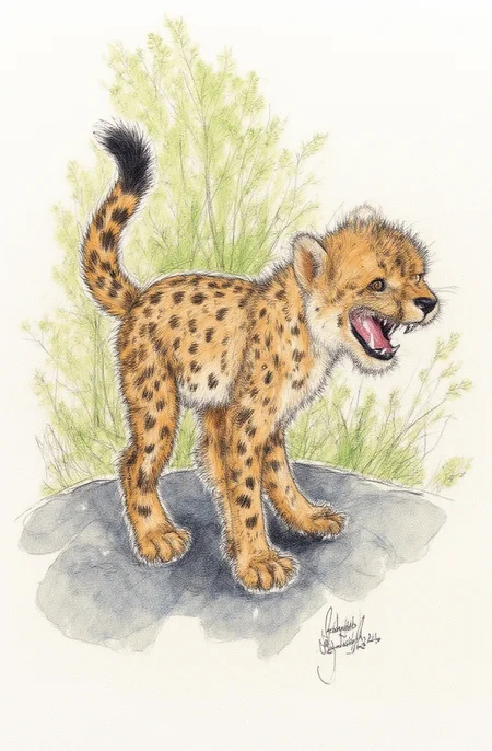 Sharp image of a rough sketch, rendered in vibrant multi colour ballpoint pen, capturing the adorable features of a cheetah cub standing on a rock. The cub is facing towards the right side of the image and its mouth is open wide, showing its sharp teeth. Its fur is a light brown color with darker spots, and its tail is curled up behind it. The background is blurred, but it appears to be an outdoor setting with trees and foliage.  p3nsk, <lora:p3nsk:1>