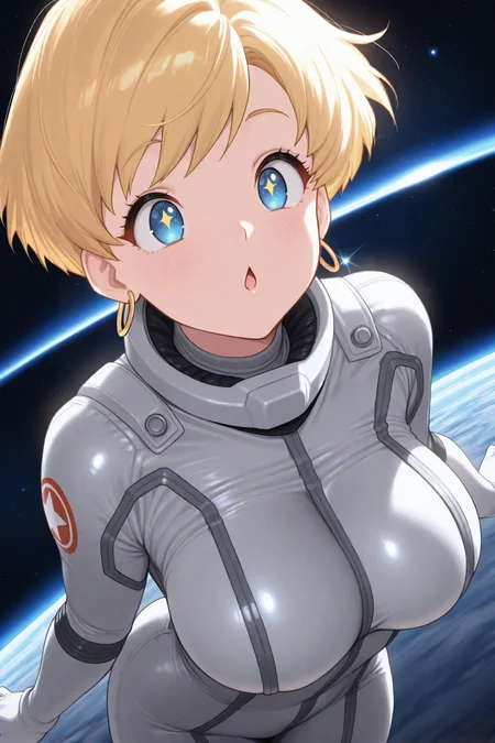 masterpiece, best quality, 1girl, solo, <lora:erasa-illu-nvwls-v1-000006:1> er4sa, blonde hair, short hair, blue eyes, large breasts, hoop earrings, grey bodysuit, floating, outer space, chestnut mouth, space suit, stars