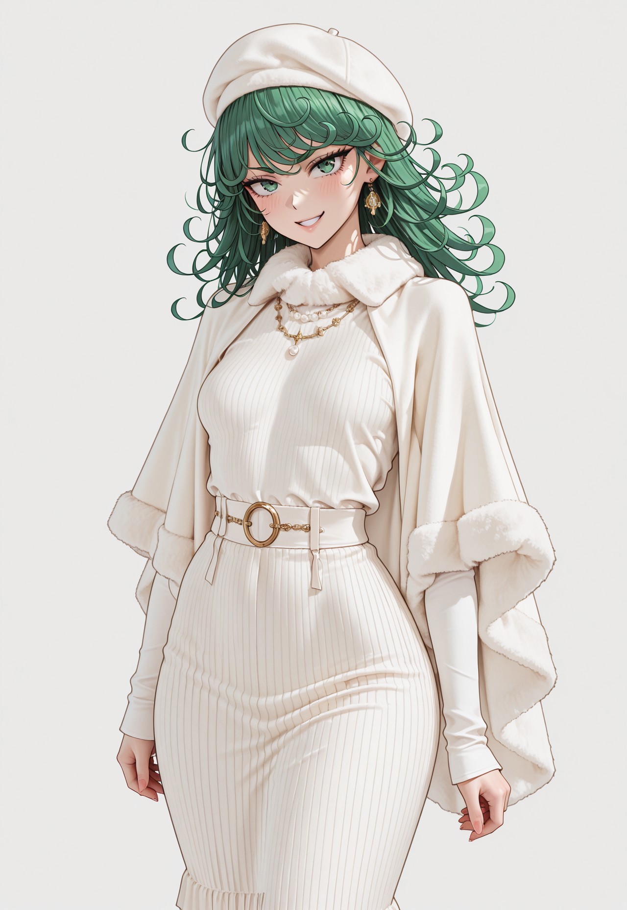 Tatsumaki (One Punch Man), 1girl, long hair, green hair, green eyes, solo, fake smile, white knit skirt, long skirt, fur trim, white cape, beret, long sleeves, standing like a model, perfect curvy figure, sexy, high-end fashion, elegant and seductive pose, high quality, masterpiece, highly detailed, intricate details, ultra-detailed, photorealistic