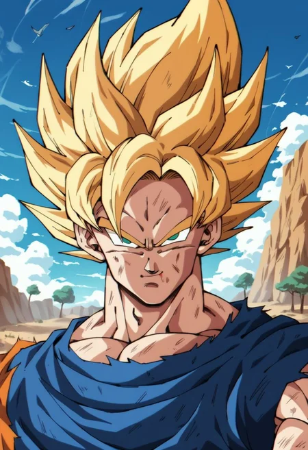 score_9, score_8_up, score_7_up, score_6_up,rating_questionable,portrait,((Solo:1.0)),(Son goku), without a shirt,(super expresive), ultradetailed, masterpiece, best quality, highres, in desert, montains, clouds, trees