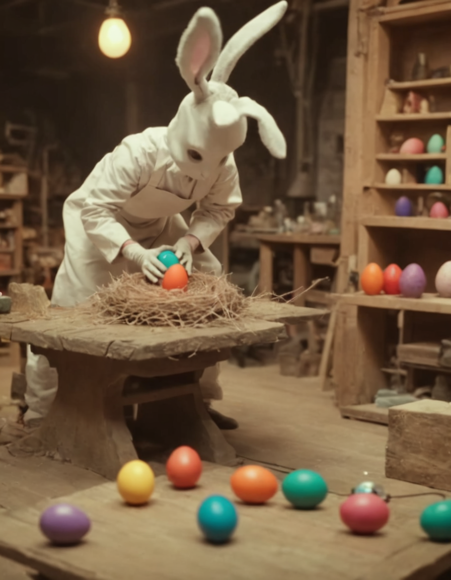 Masterpiece (wide angle shot) , Easterbunny crafting an incantation, (creating a little colorful magic egg in a nest:1.6), standing on an old carved table in a colorful factory laboratory. fantastic view. creepy and unsettling kids tv show  <lora:UNSTL_KIDS_TV_v2:1>