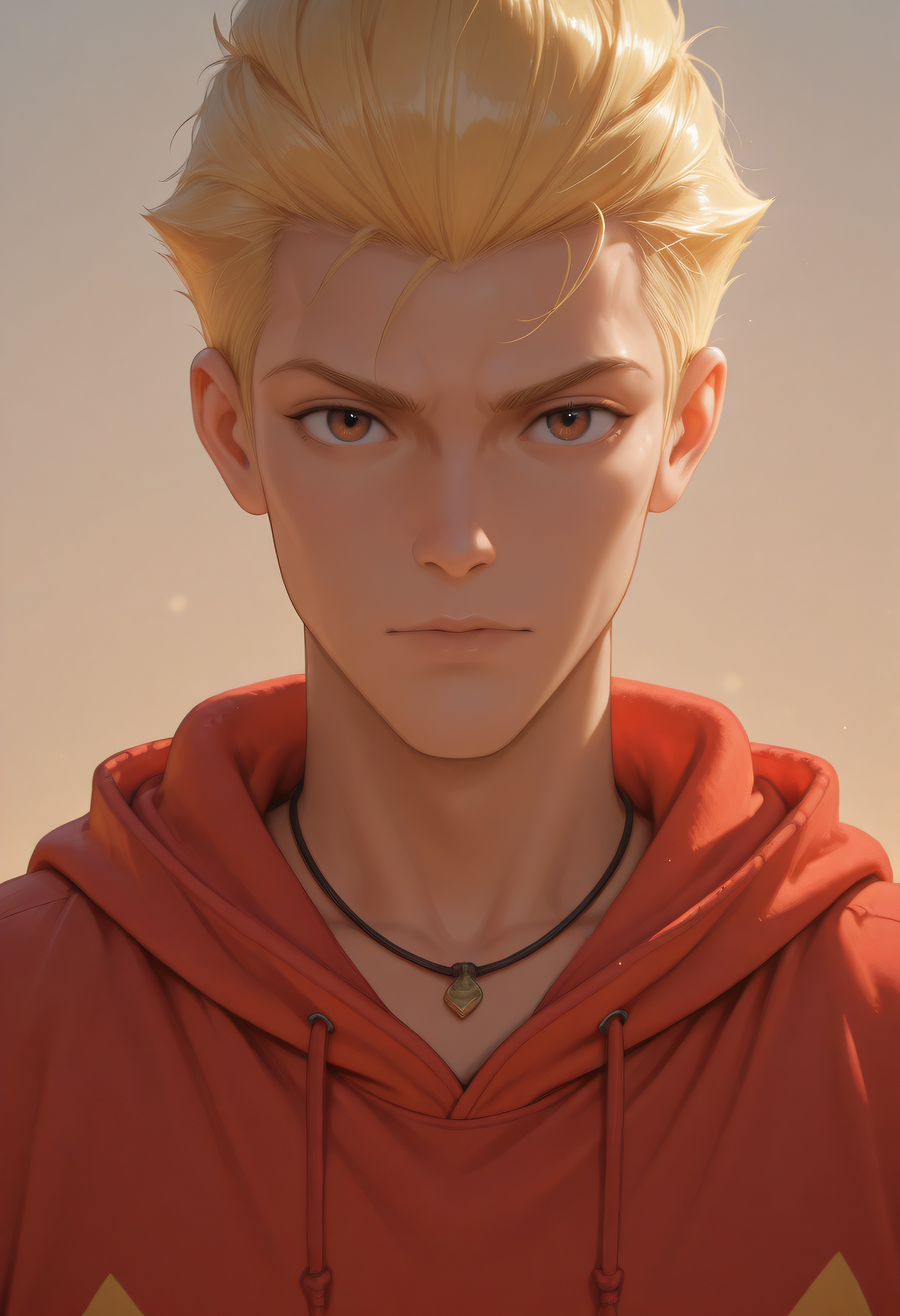1boy, mmystery_illustrious, blonde hair, red yellow hoodie, look at viewer, brown eyes, necklace, portrait, upper body, masterpiece, best quality, high resolution
