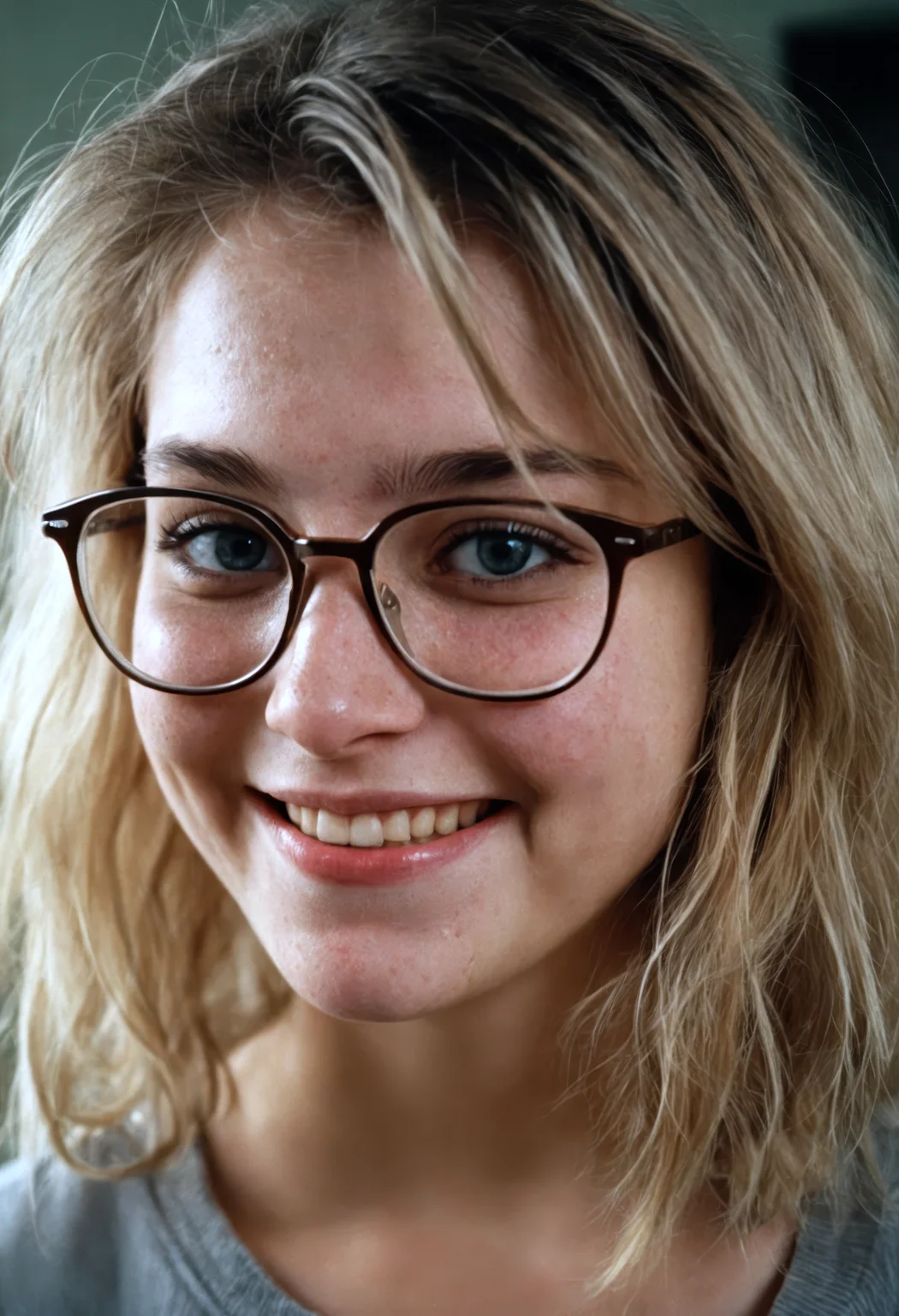 beautiful girl next door, dirty blonde hair, cute grin, glasses, baggy clothes, RAW candid cinema, 16mm, color graded portra 400 film, remarkable color, ultra realistic, textured skin, remarkable detailed pupils, realistic dull skin noise, visible skin detail, skin fuzz, dry skin, shot with cinematic camera