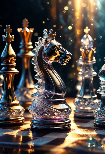 [Masterpiece. Realistic. Transparent Beings. Everything in this universe is made out of sparkling glass crystals. A chess piece made of crystals. Water explosions. Transparent or silver body parts.], detailed, romantic, very inspirational, beautiful, elegant, lovely, cute, pretty, modern, epic composition, fabulous atmosphere, cinematic light, dynamic dramatic ambient, Vibrant Colors , glowing highlights, 
ral-tr33brnch, Arttrttrt, extreme Long Shot, masterpiece, intricate detail, best quality, absurd resolution, Gothic, black stone with golden stripes, elegant, luxury, royal, expensive, 
Stylized chess pieces. Queen chess, Chess game, chess board, luxury and golden design. Photo realistic, cinematic light, concept art. ,