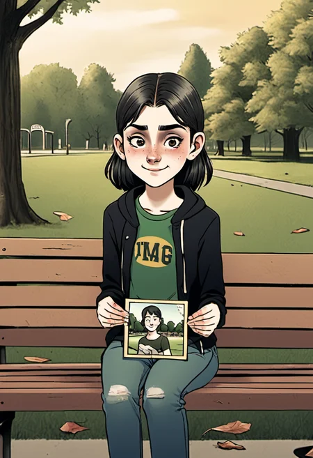<lora:InfiniteTina:.5>A 14-year-old InfiniteTina holding a broken picture frame staring at it longingly on a park bench.