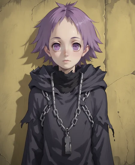 (score_9, score_8_up), score_7_up, score_6_up, best quality, standing, portrait, close up,
<lora:ebisu:1>, solo, 1girl,
3bisu, purple hair, short hair, purple eyes, ringed eyes,
slim:1.2, slender, petite:1.3,
short, skinny, androgynous,
<lora:Curse_Maker_Etrian:1>
pale skin, short hair, cloak, torn clothes, hood, hood up, chain, shackles, bandages, black bandages,