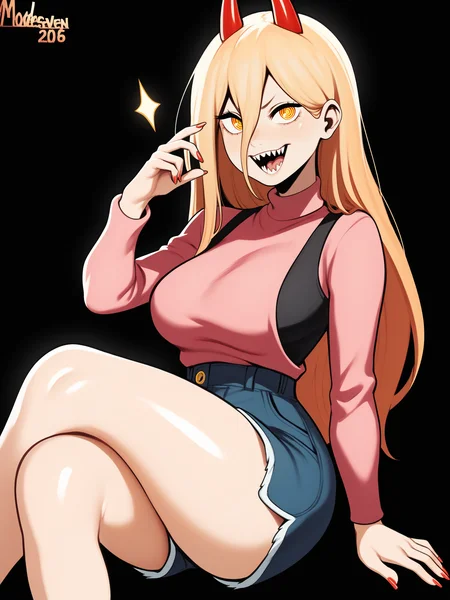 score_9, score_8_up, score_7_up, score_6_up, score_5_up, score_4_up,
BREAK
power \(chainsaw man\), blonde hair, yellow eyes, long hair, straight hair, hair between eyes, looking at viewer,
BREAK
sitting, crossed legs, large breasts, pink sweater, black tank top, high-waist shorts,
BREAK
black background, modeseven, shiny skin, <lora:Lunas-Modeseven-SDXL-A3:1>