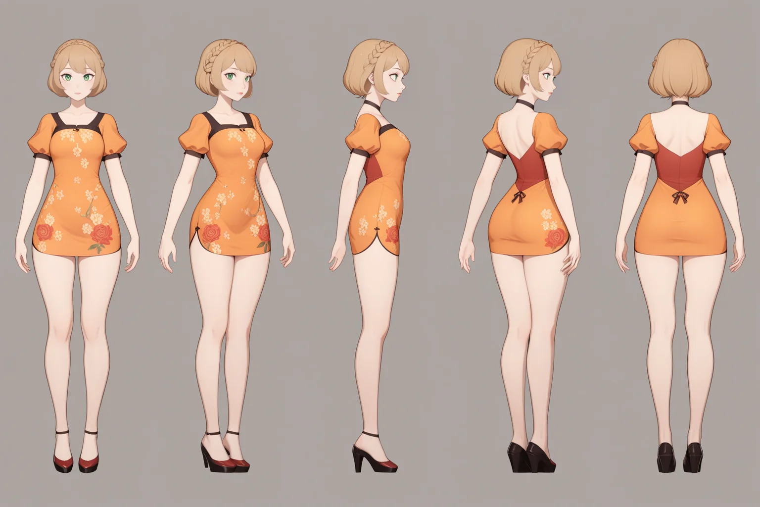 (GENERAL:0), 1girl, masterpiece, best quality, very aesthetic, absurdres, solo, standing,
(VIEWS:0), full body character turnaround of 1girl,
Multiple views of the same character in the same outfit, simple background, white background, multiple views, side view, back view, front view,
(hairLength:0), very short hair,
(hairTexture:0), flipped hair,
(hairstyles:0), French braid hairstyle,
(haircolor:0), light brown hair,
(bodyshape:0), Tall and lean body,
(ethnic origin:0), Persian,
(skin color:0), Very Light Skin,
green eye iris,
Red floral wrap dress with puff sleeves,
orange
East Asian
theme character design,
Mandy From The Grim Adventures Of Billy And Mandy,
<lora:ClothTurnXL_v1-000003:.75>,
charturn, <lora:CharTurnXL_v2:.25>,
<lora:xl_more_art-full_v1:.25>,
<lora:Alphonse Mucha Style:.1>, Alphonse Mucha Style page
<lora:å½é£æç»SDXL:.1>