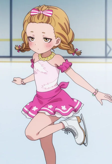 Masterpiece , best quality , amazing quality , anime screencap ,a girl , leg up , kkana , , skirt , dress ,twin braids , ice skating , ice skater , blonde ,