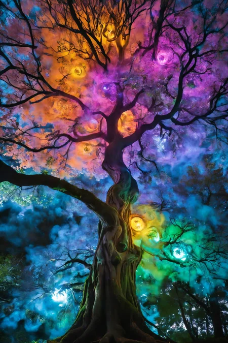 colorful smoke <lora:colorful_03_colorful_smoke:1.0>,
An old, wise tree in the heart of an ancient forest, its branches forming Celtic knots, with mystical orbs of light floating around.,
amazing, beautiful, breathtaking, astonishing, brilliant,
