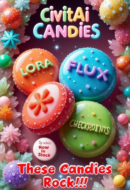 a marketing poster for candy rock sweets with text "CivitAI Candies" made out of auraquartz  <lora:Flux_Auraquartz:1>. the poster is made of a variety of colourful decorations with the text "These Candies Rock!!" written in red text on the bottom of the design. A circular star shaped object at the bottom left of the poster reads "Now In Stock". A red sweet with text "LORA" in green, a blue candy with text "FLUX" in purple, a green sweet with red text "CHECKPOINTS", background is a crystal cavern wonderland made of auraquartz
