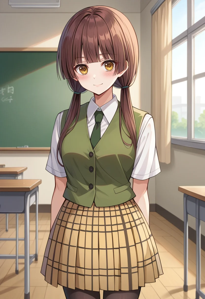 score_9, score_8_up, source_anime, 1girl, solo, HarumiTaniguchi, yellow eyes, brown hair, long hair, low twintails, blunt bangs, blunt ends, white dress shirt, green vest, black necktie, yellow skirt, plaid skirt, black socks, indoors, classroom, smile, blush, window, sakura blossom tree, <lora:ChamHarumiTaniguchiPonyXL:1>