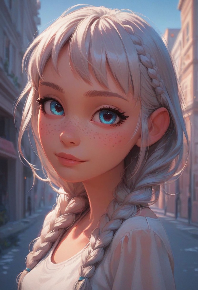 score_9, score_8_up, score_8, bust up, sfw,
lighting on face, light shining on face,
(petite:1.5), short, (small:1.5), cute, freckles, 
blue eyes, silver hair, casual white shirt, sidelocks, braids,
caring, (smile:0.5), detailed eyes, 4k, 
looking at viewer,
outdoors, city background, sunny day, blue sky,